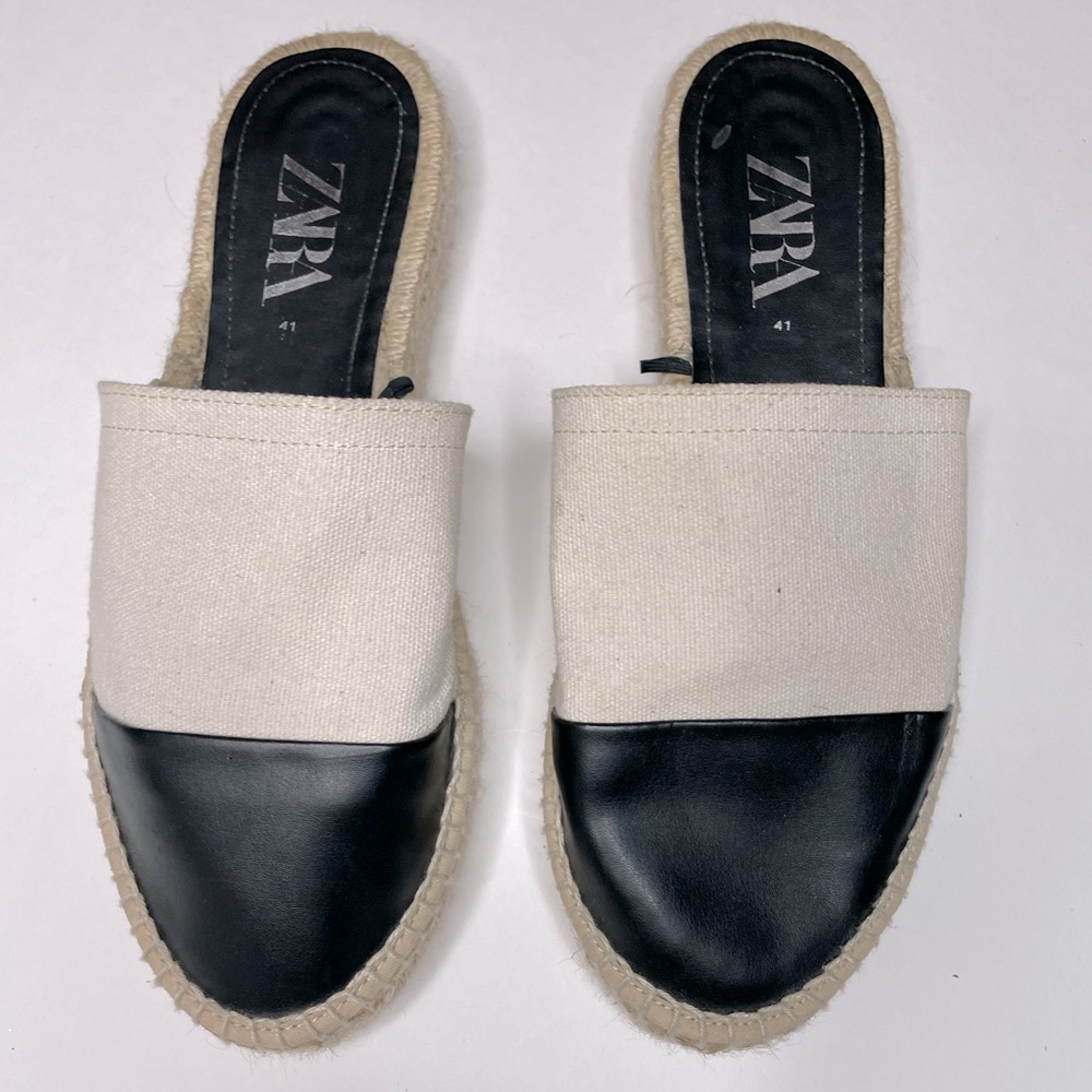 Zara Cream and Black Espadrilles Cap Toe Mules/Slides size 9.5